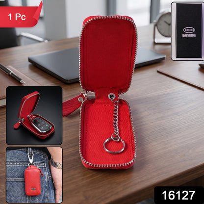 Compact leather key pouch pack with secure zip closure