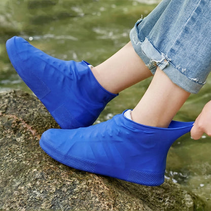 White background showing large silicone waterproof shoe cover ready to wear