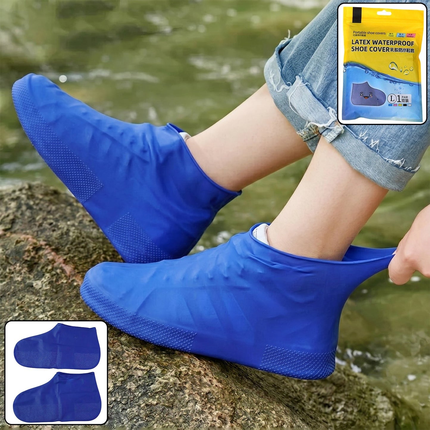 Blue silicone waterproof shoe cover designed for rain protection and outdoor use