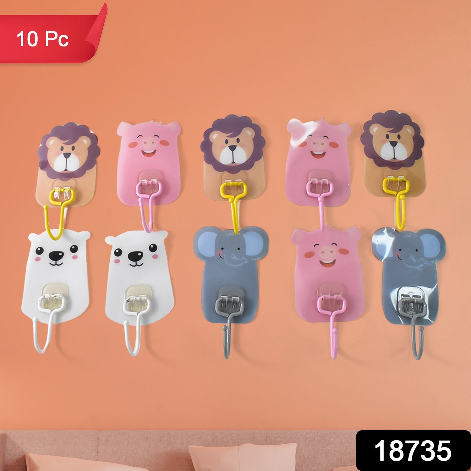 Cute cartoon animal design adhesive hooks on wall for kids' room