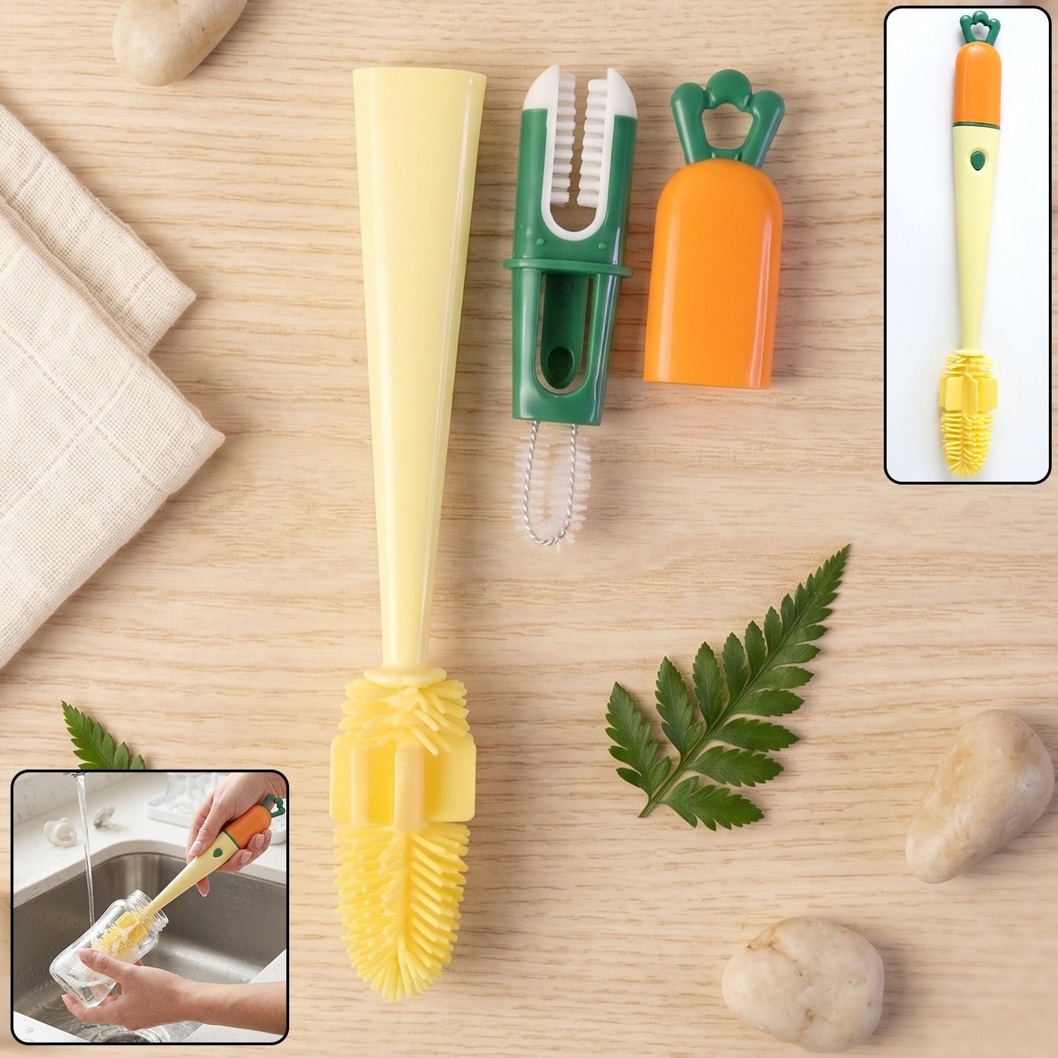 3 in 1 bottle cleaning brush with silicone head, ideal for bottles and cups.