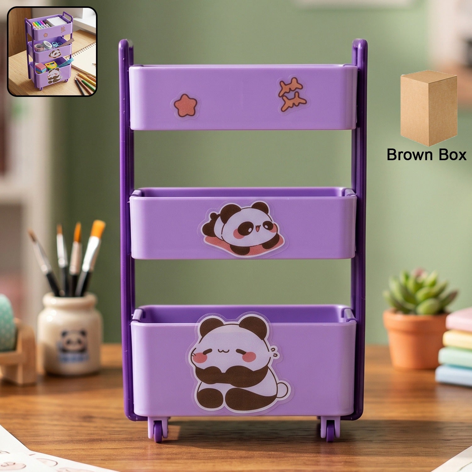 Purple mini storage trolley with three tiers and smooth-rolling wheels.