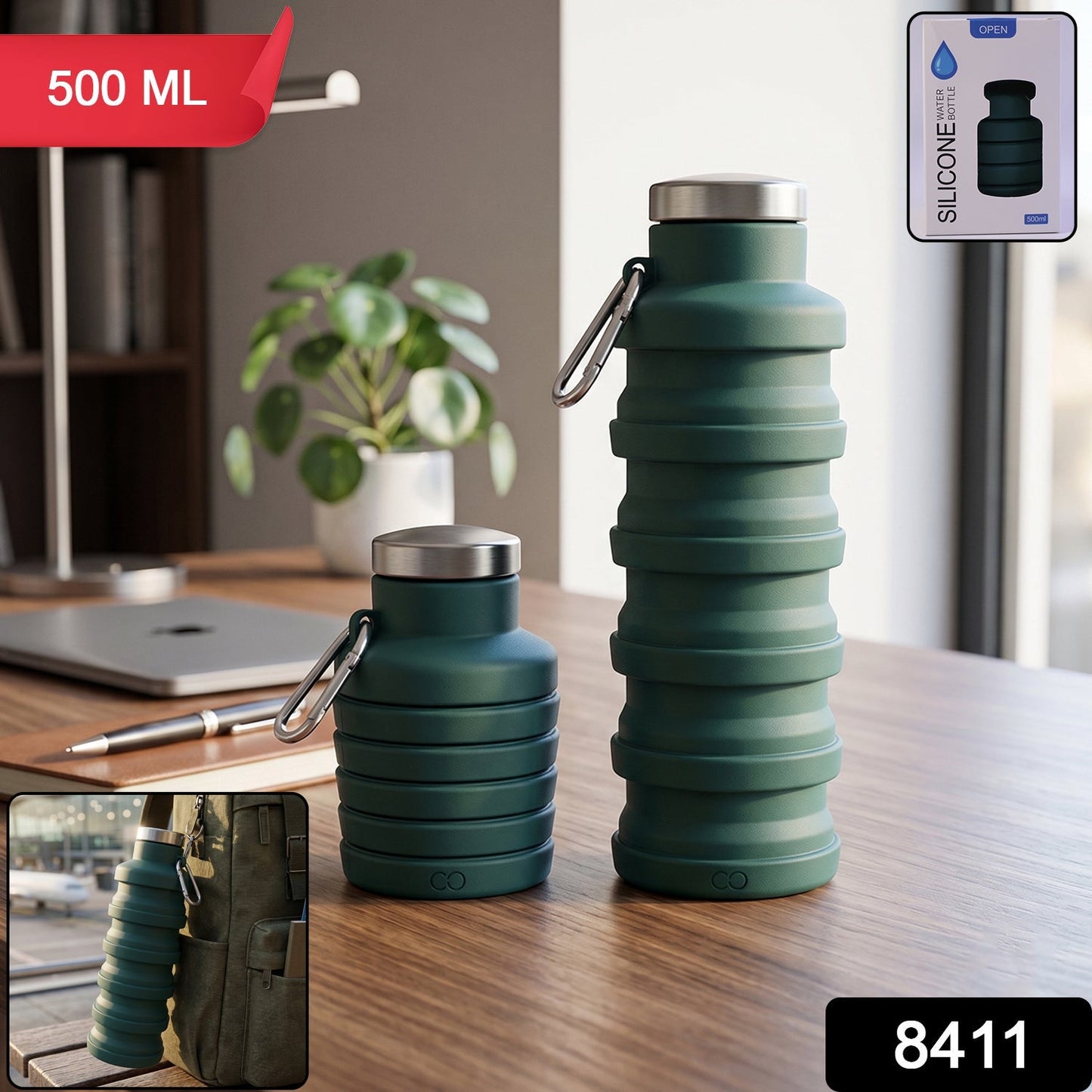 Foldable water bottle in retail packaging