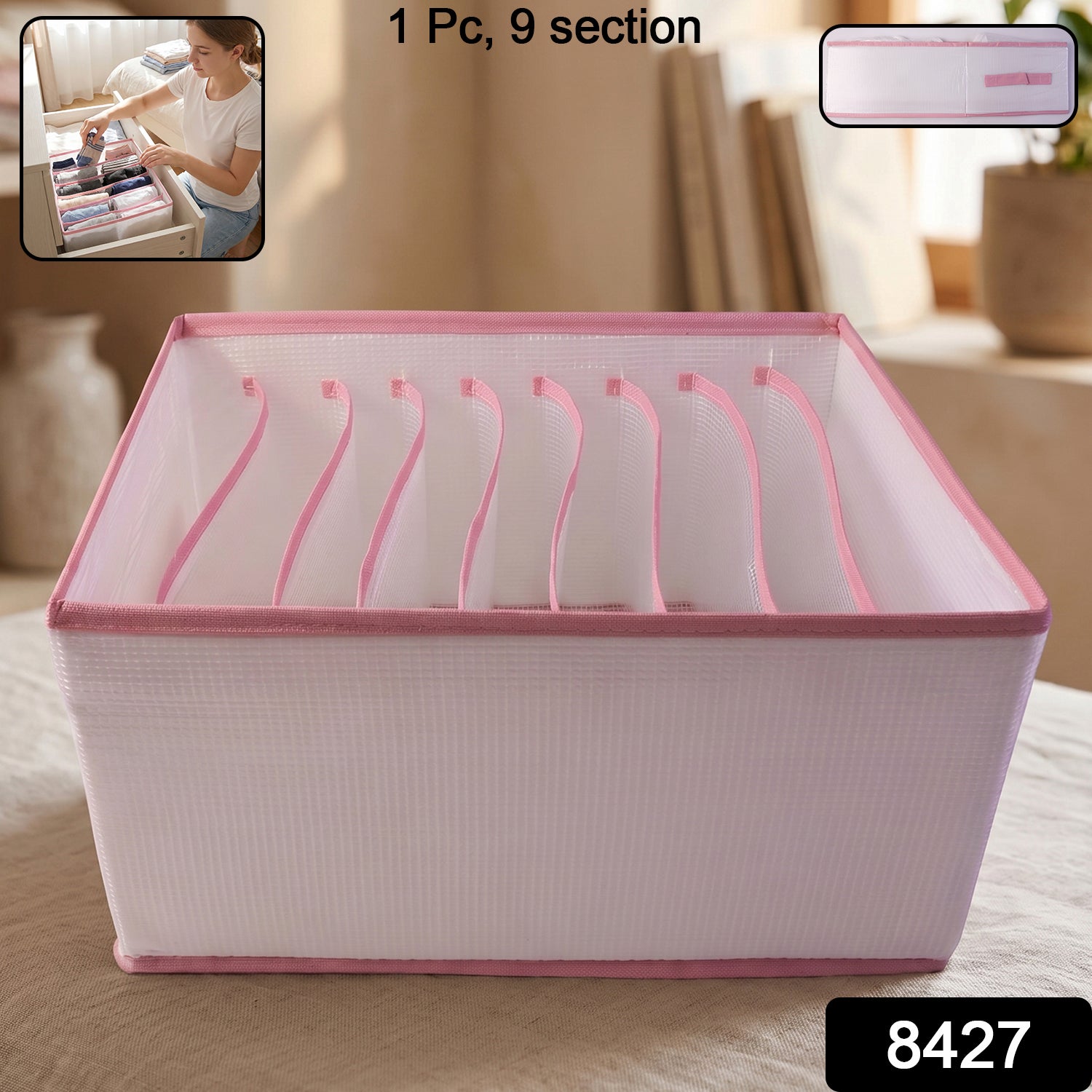 Clothes organizer storage compartments with clothing items
