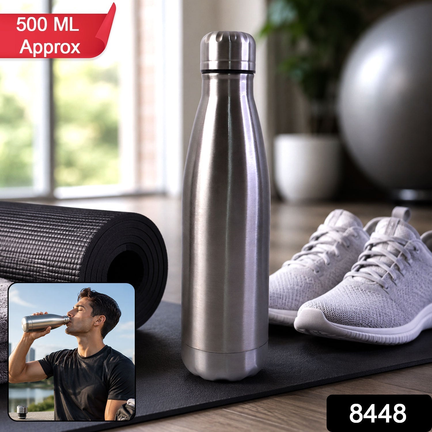 Stainless steel water bottle with packaging in silver