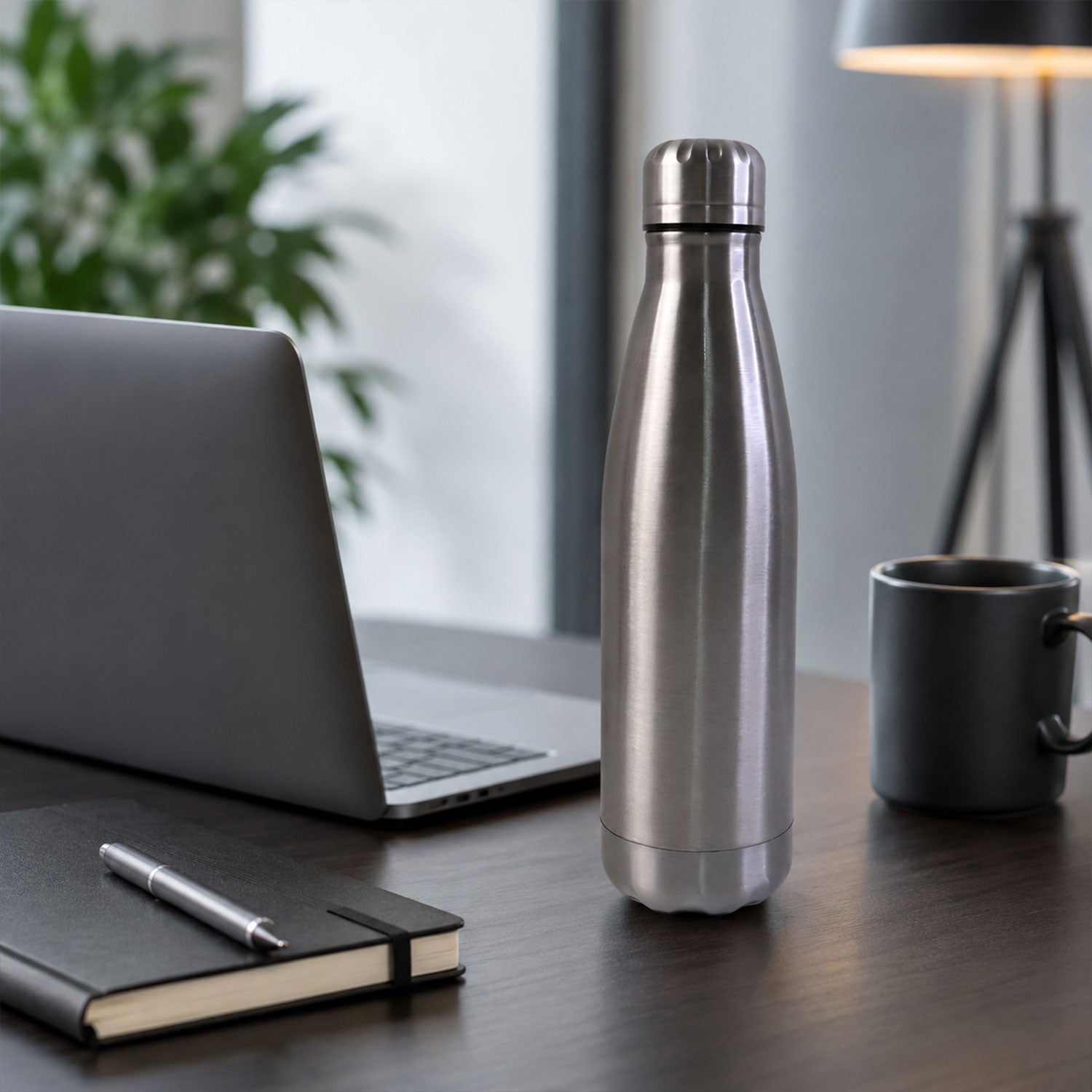 Silver stainless steel leak-proof water bottle for gym and office