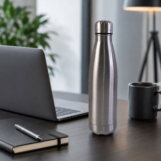 Silver stainless steel leak-proof water bottle for gym and office