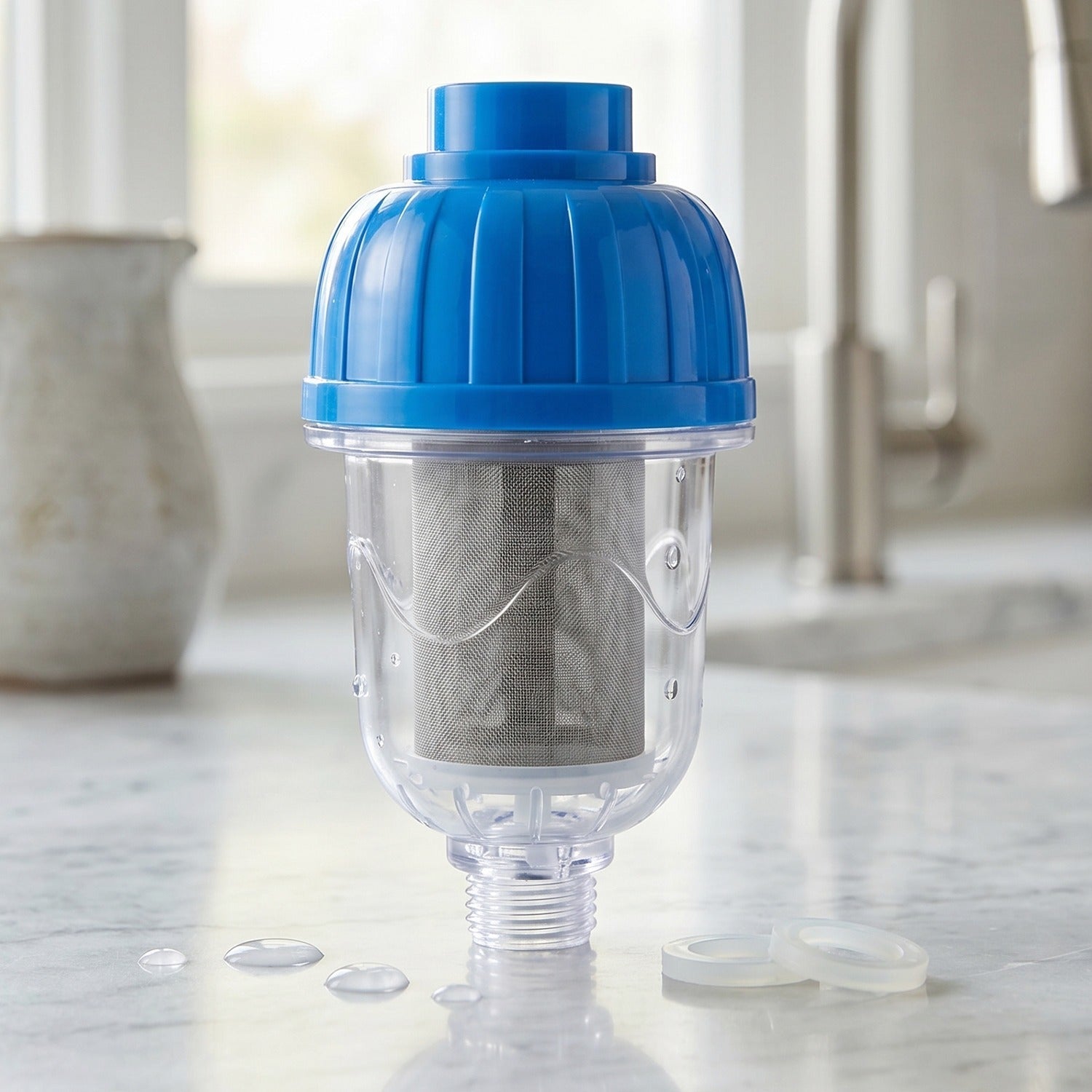 Side view of multi-layer shower filter showing filtration layers