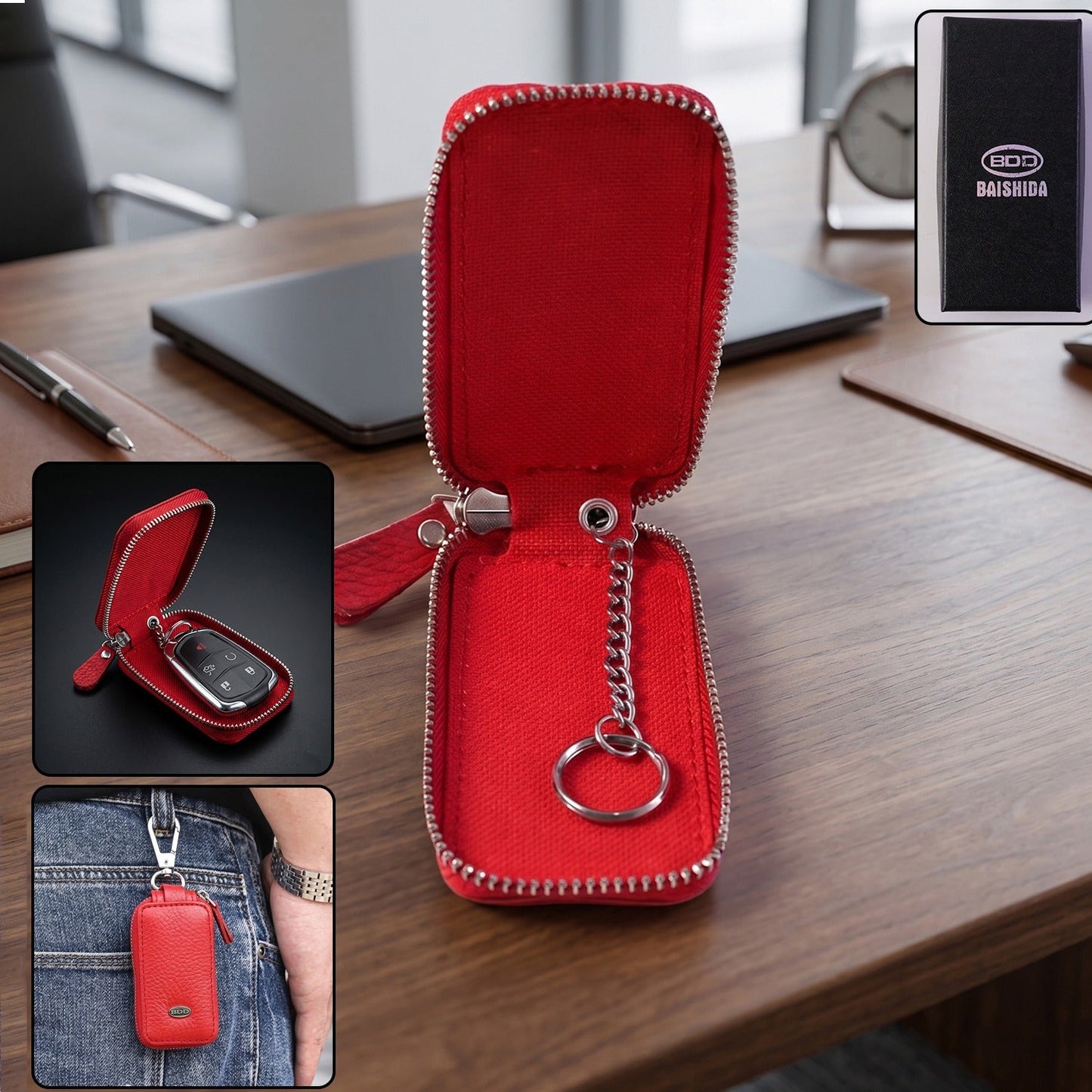 Leather car key case holder with zip and snap hook design