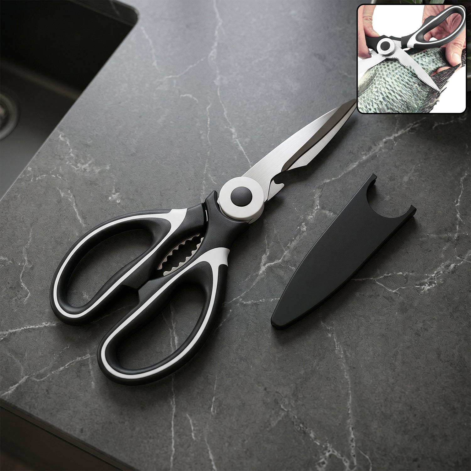 Multi-purpose 3 in 1 kitchen scissors with steel blades