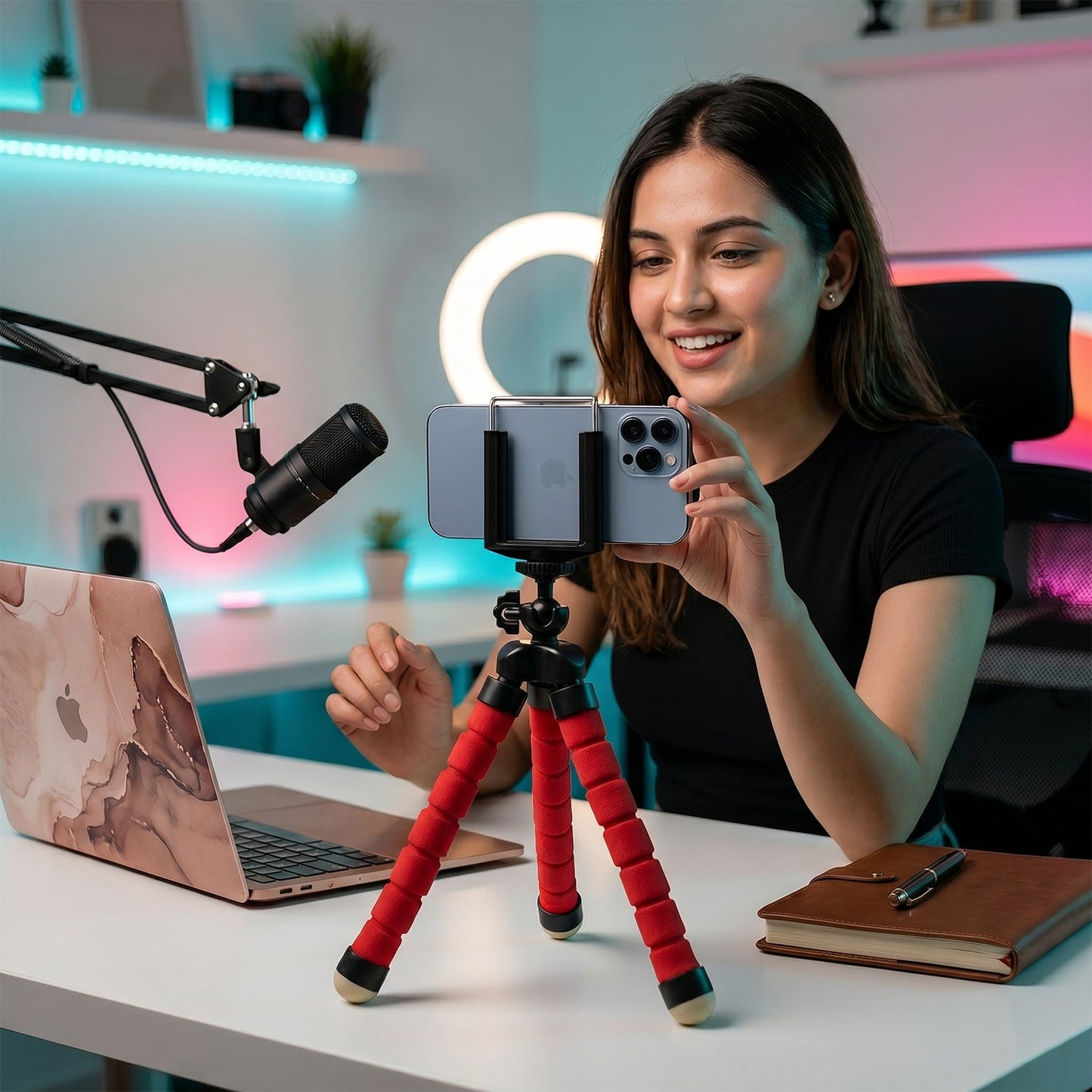 Flexible tripod used with phone for live streaming or video recording