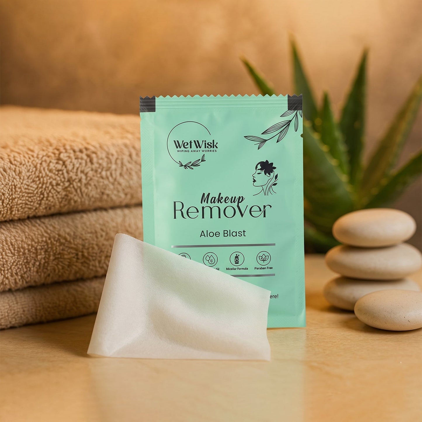 Travel-friendly makeup wipe in portable packaging
