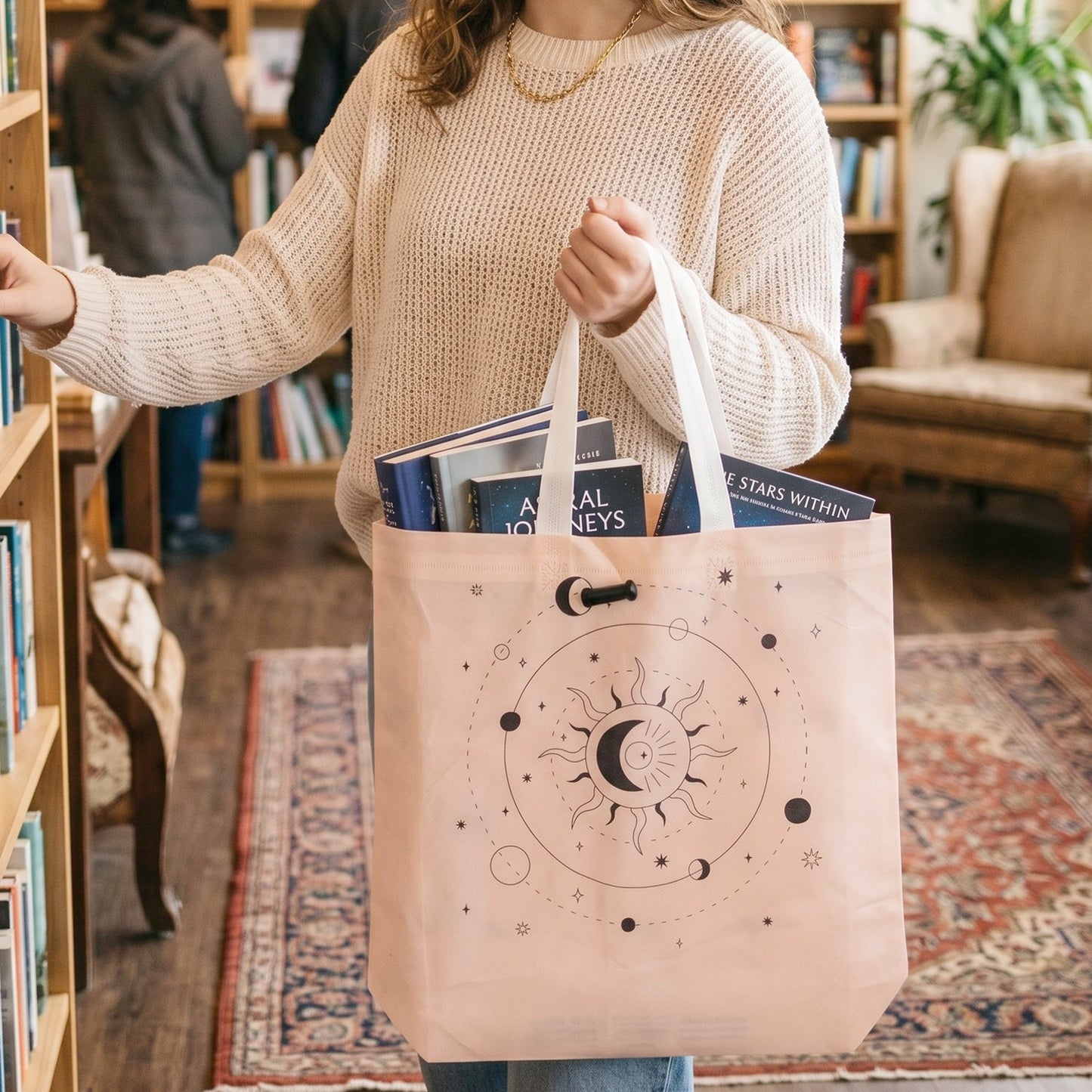 Close-up of reusable tote bag showing print and material