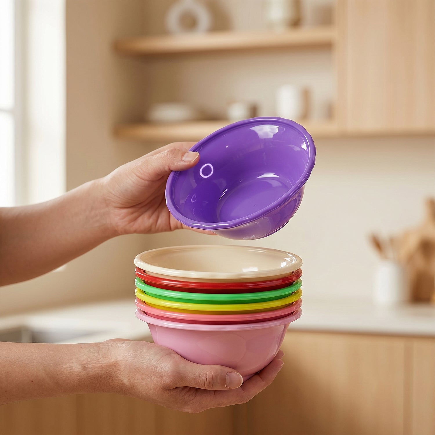 White background showcasing set of 6 colourful plastic bowls
