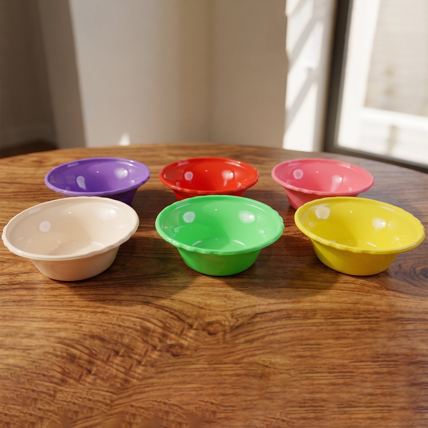 Colorful plastic serving bowls with wavy rim detail