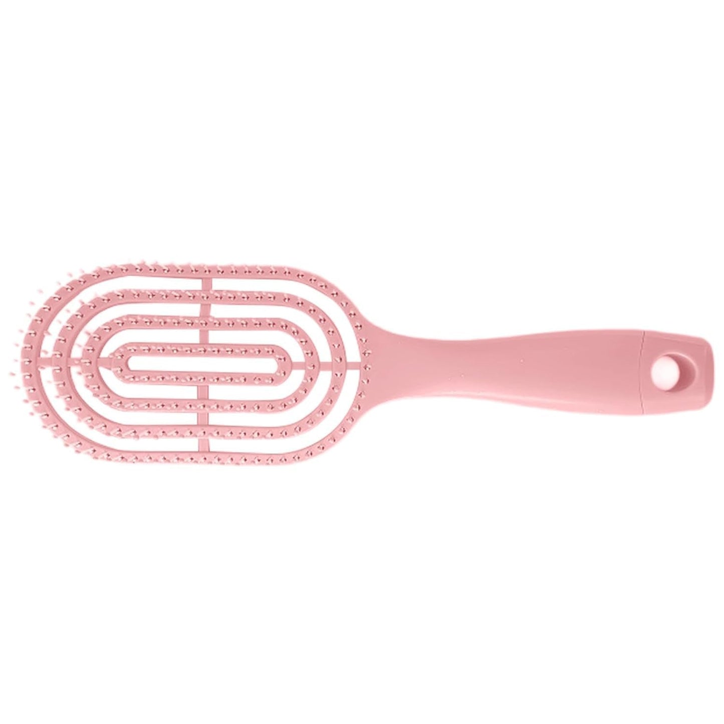 Detail of curved head and flexible bristles for scalp massage on hair brush