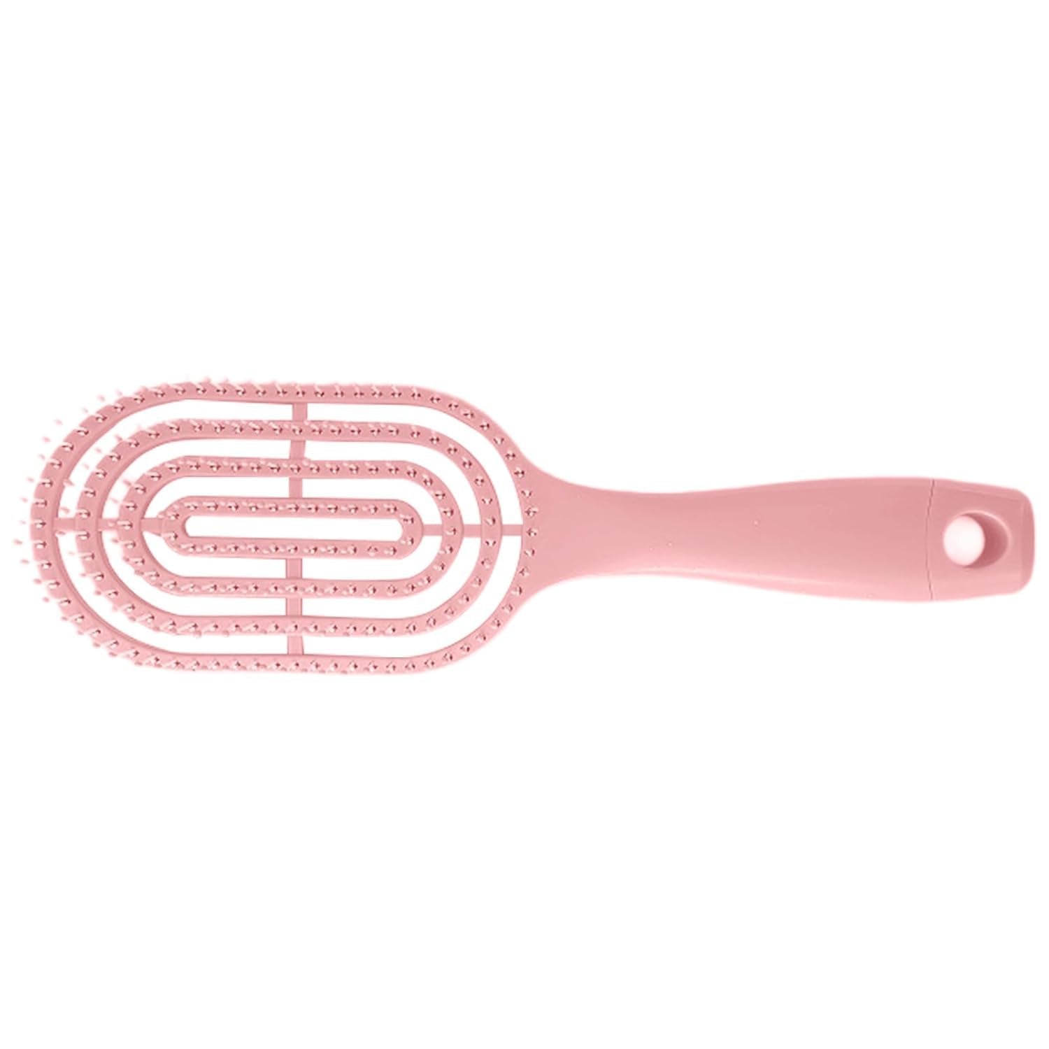 Detail of curved head and flexible bristles for scalp massage on hair brush