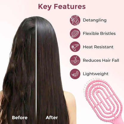 Person using pink curly vented hair brush for styling hair