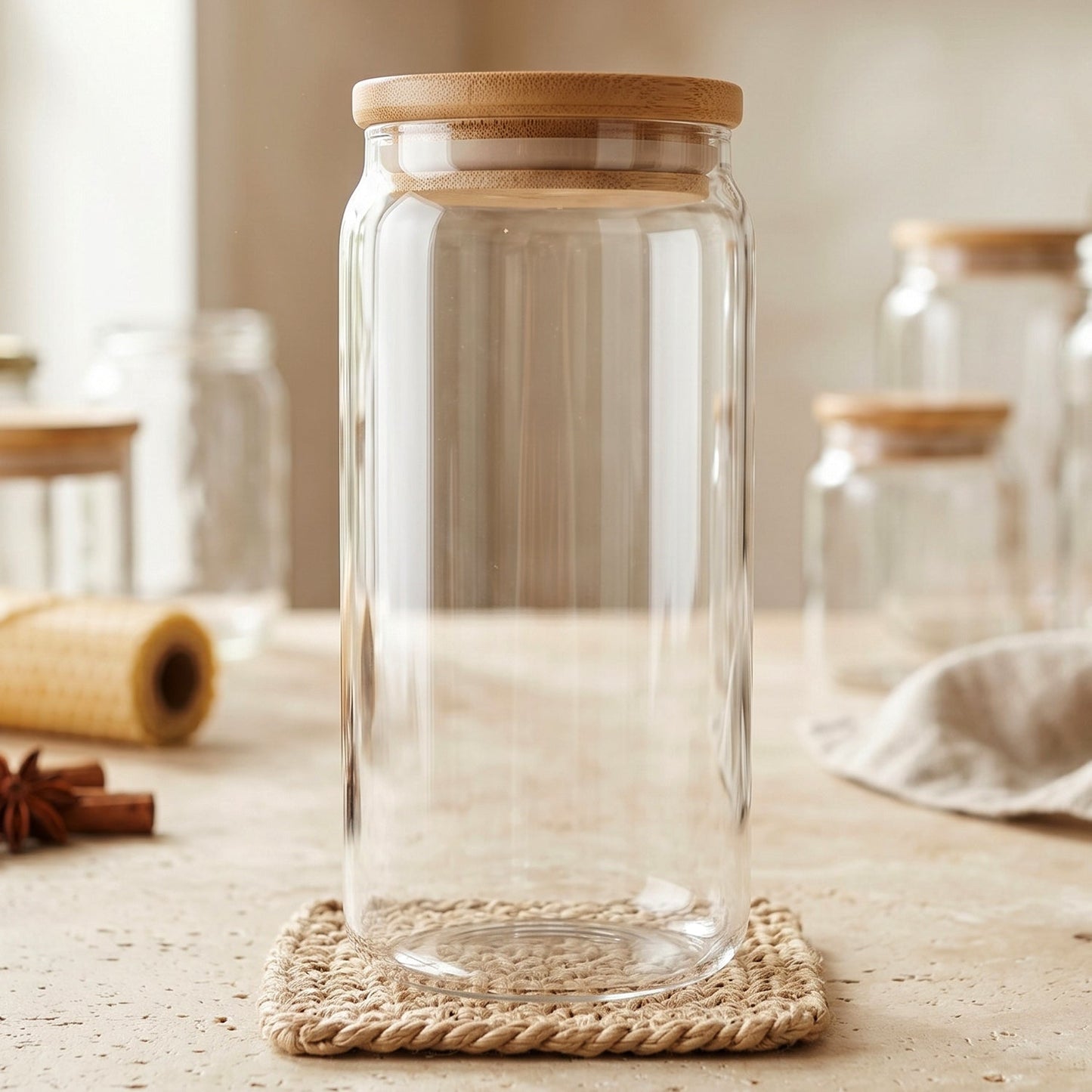 Storage jar showing bamboo lid detail, stylish design