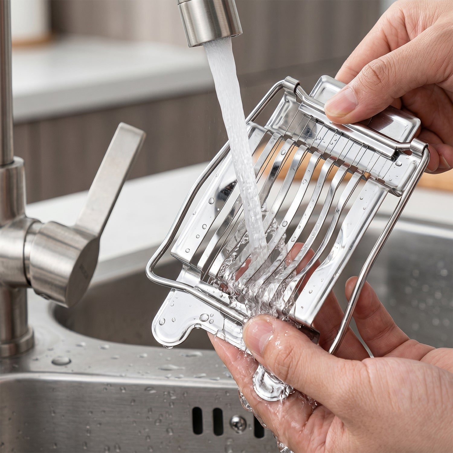 Egg slicer being used in kitchen