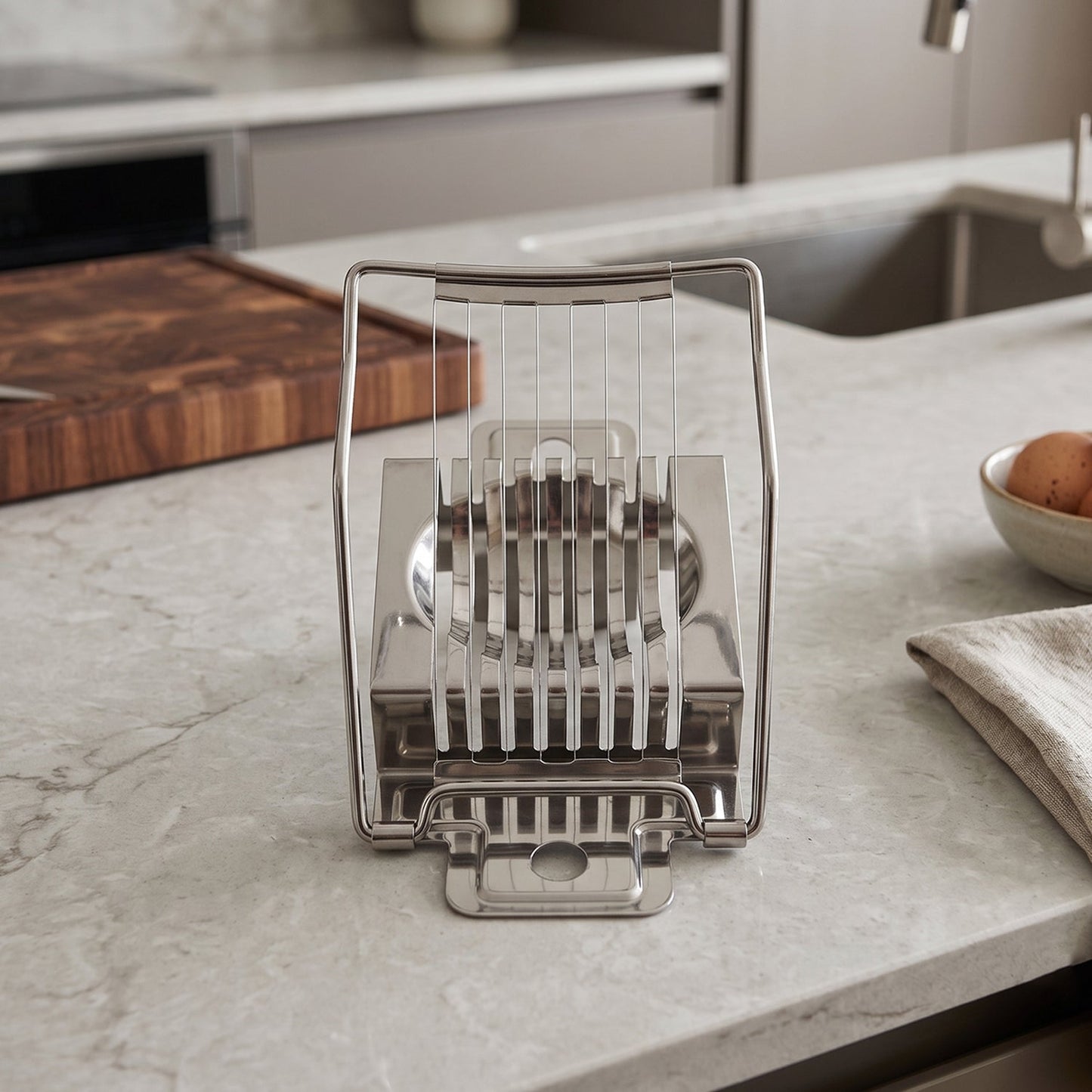 Egg slicer on white background