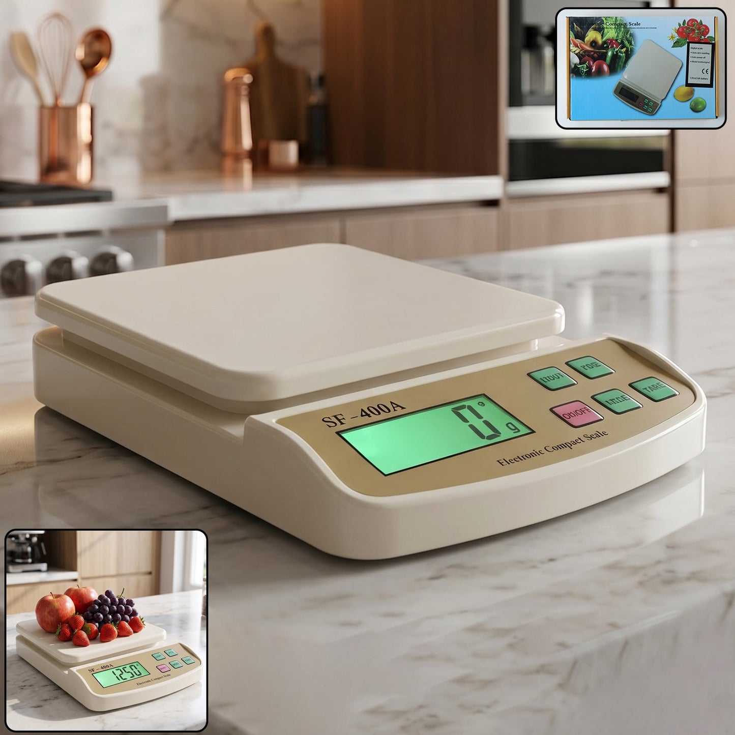 SF400A digital cooking scale showing measurement