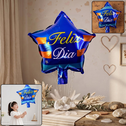 Bright blue star Feliz Dia foil balloon for birthday parties