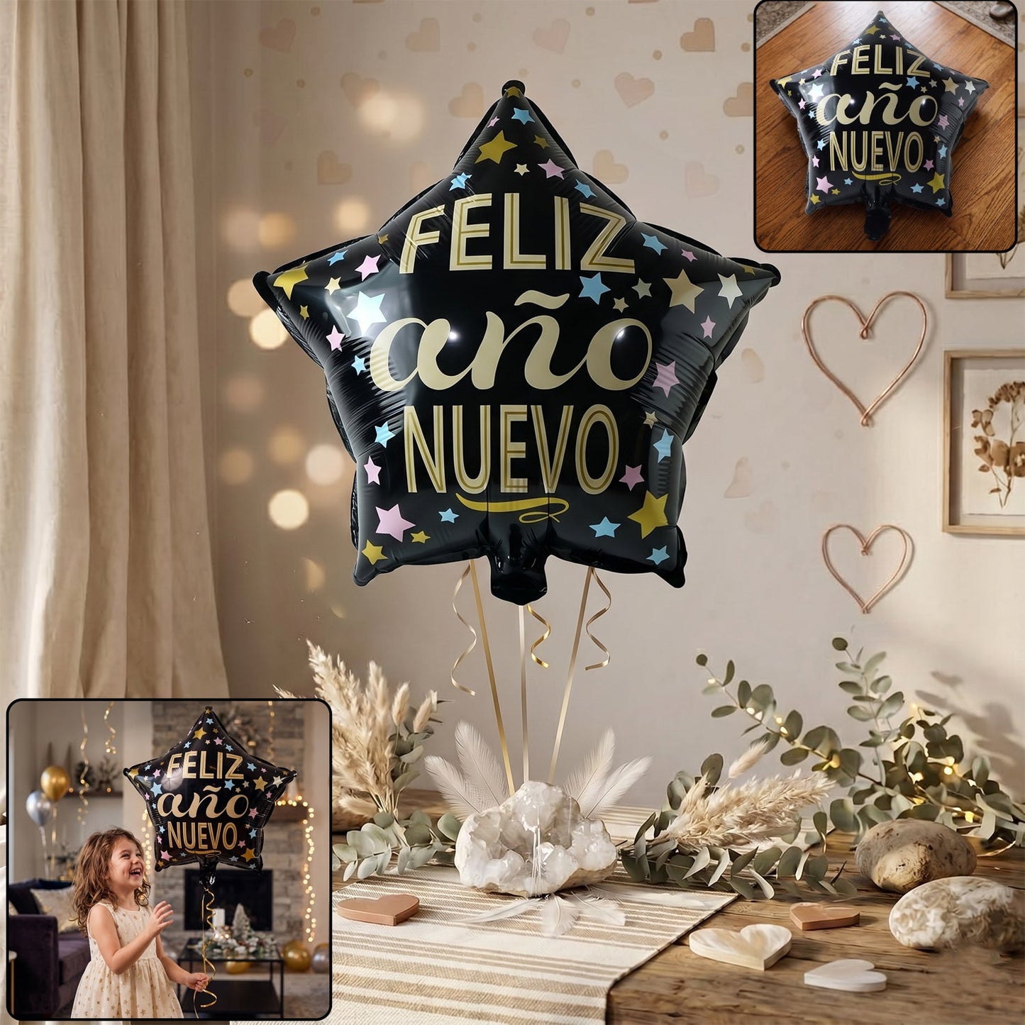 Black star Feliz Ano Nuevo foil balloon with shiny festive look