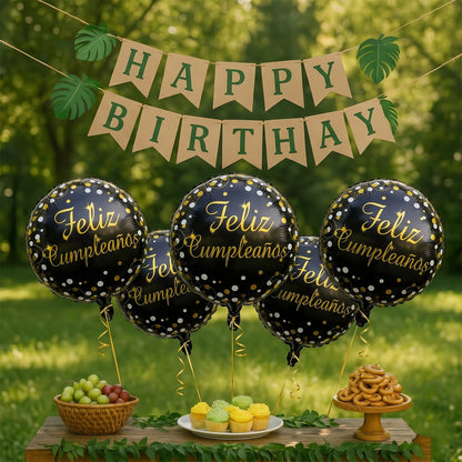 Close-up of Feliz Cumpleanos print on foil balloon