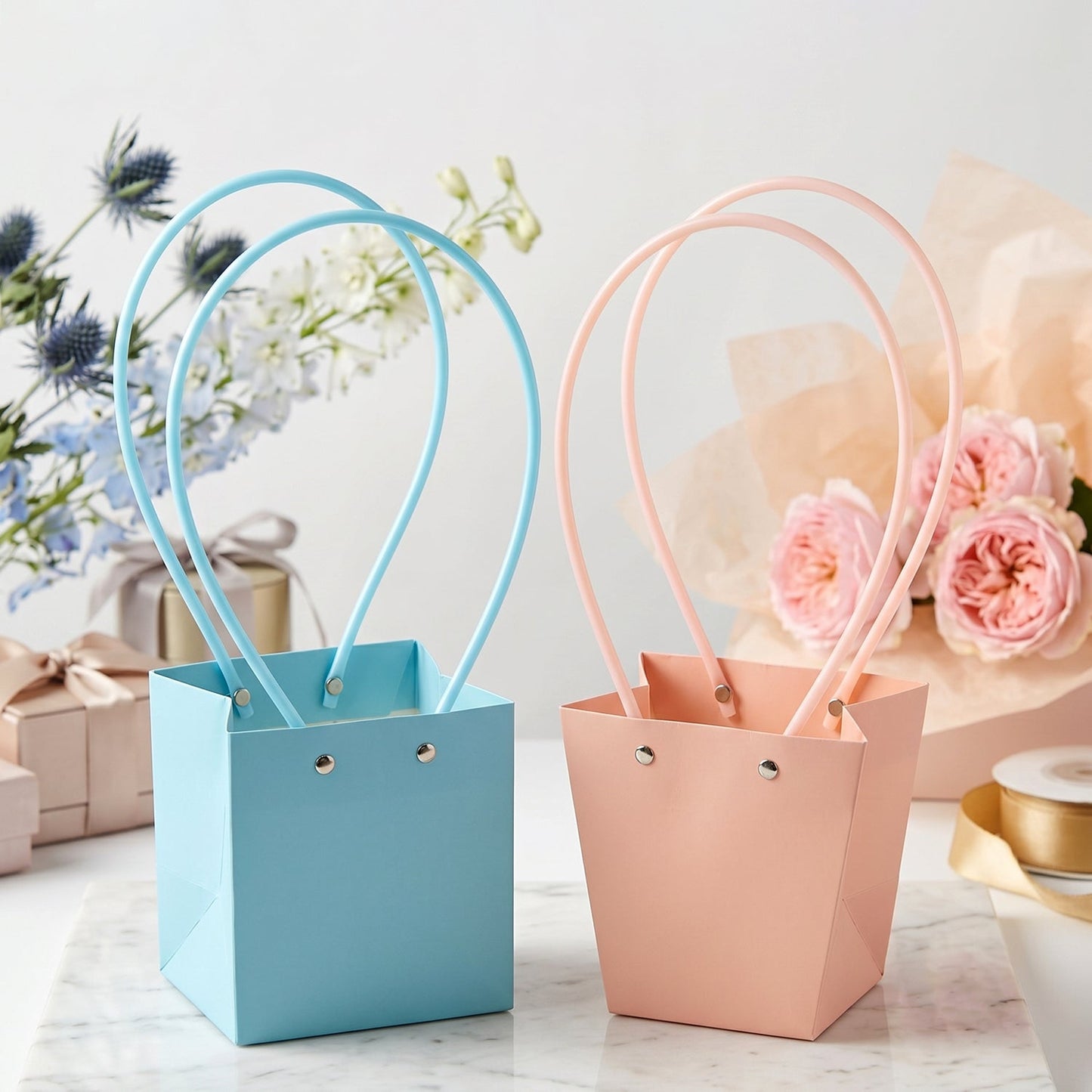 Flower bag handle detail showing sturdy curved handles
