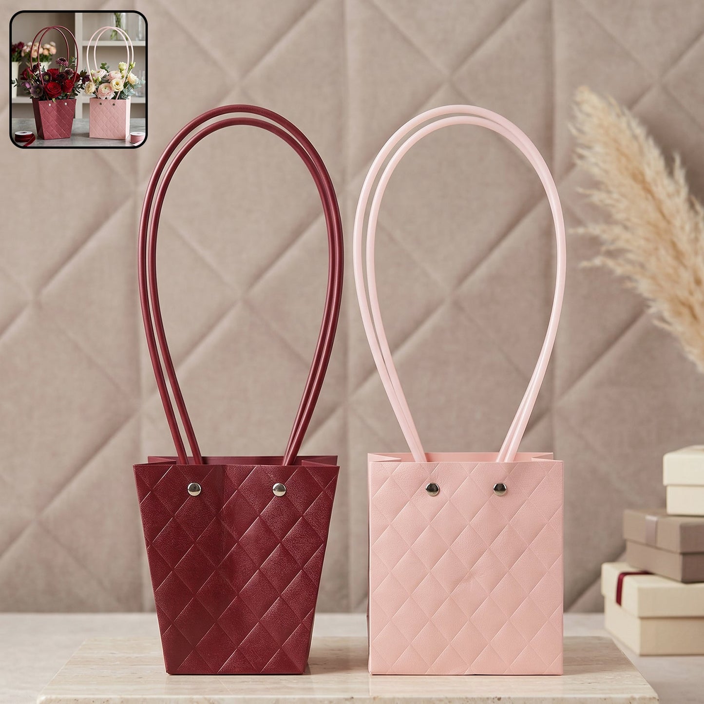 White background of floral gift bag highlighting waterproof feature