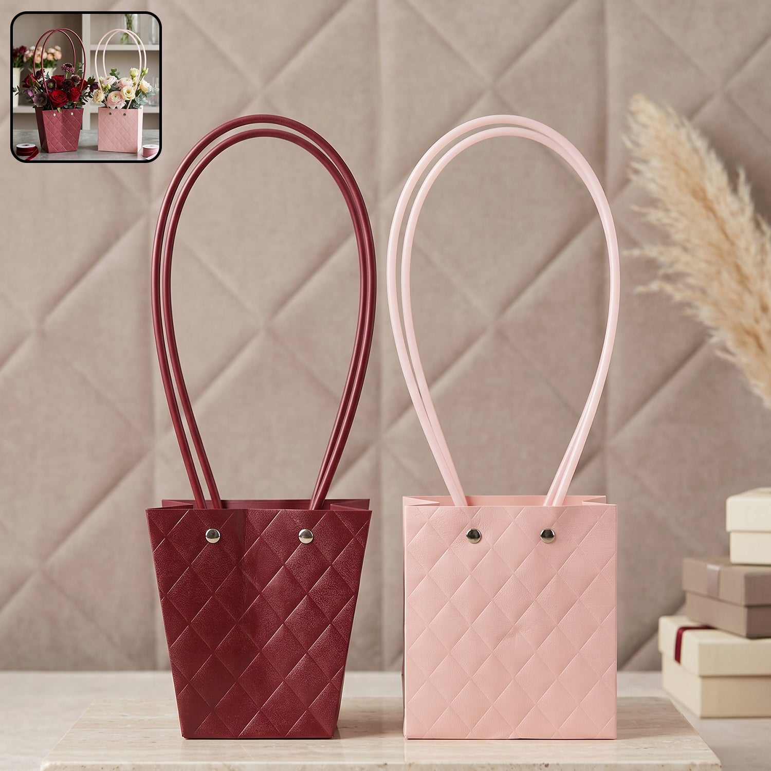 White background of floral gift bag highlighting waterproof feature