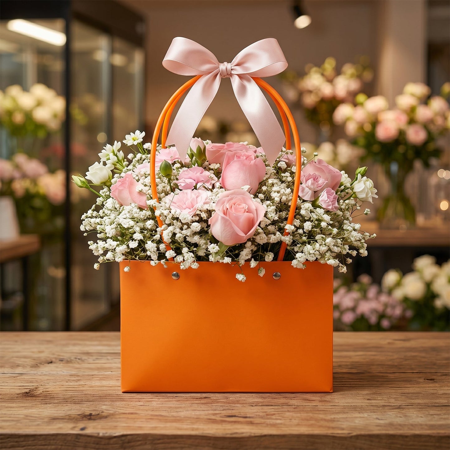 Elegant bouquet gifting handbag design in orange