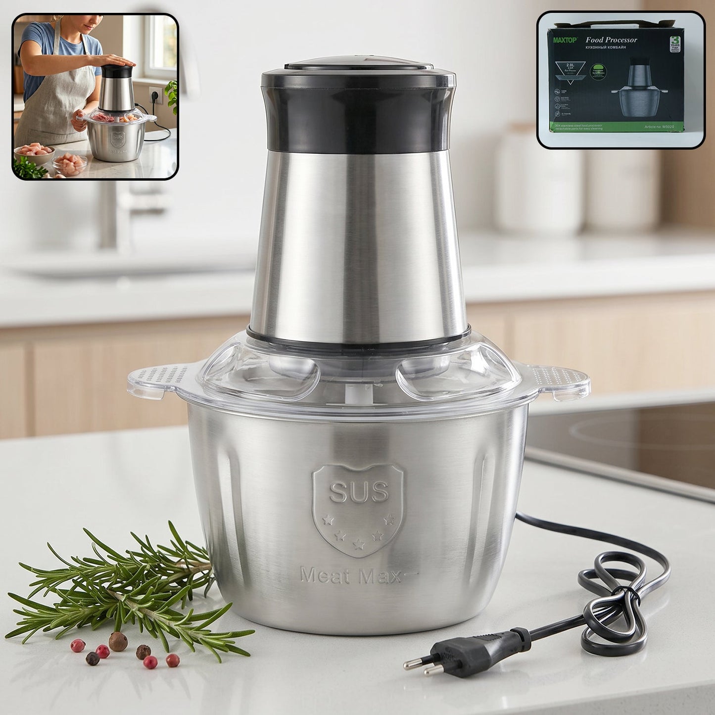 2 litre stainless steel food processor with sharp blades and compact design