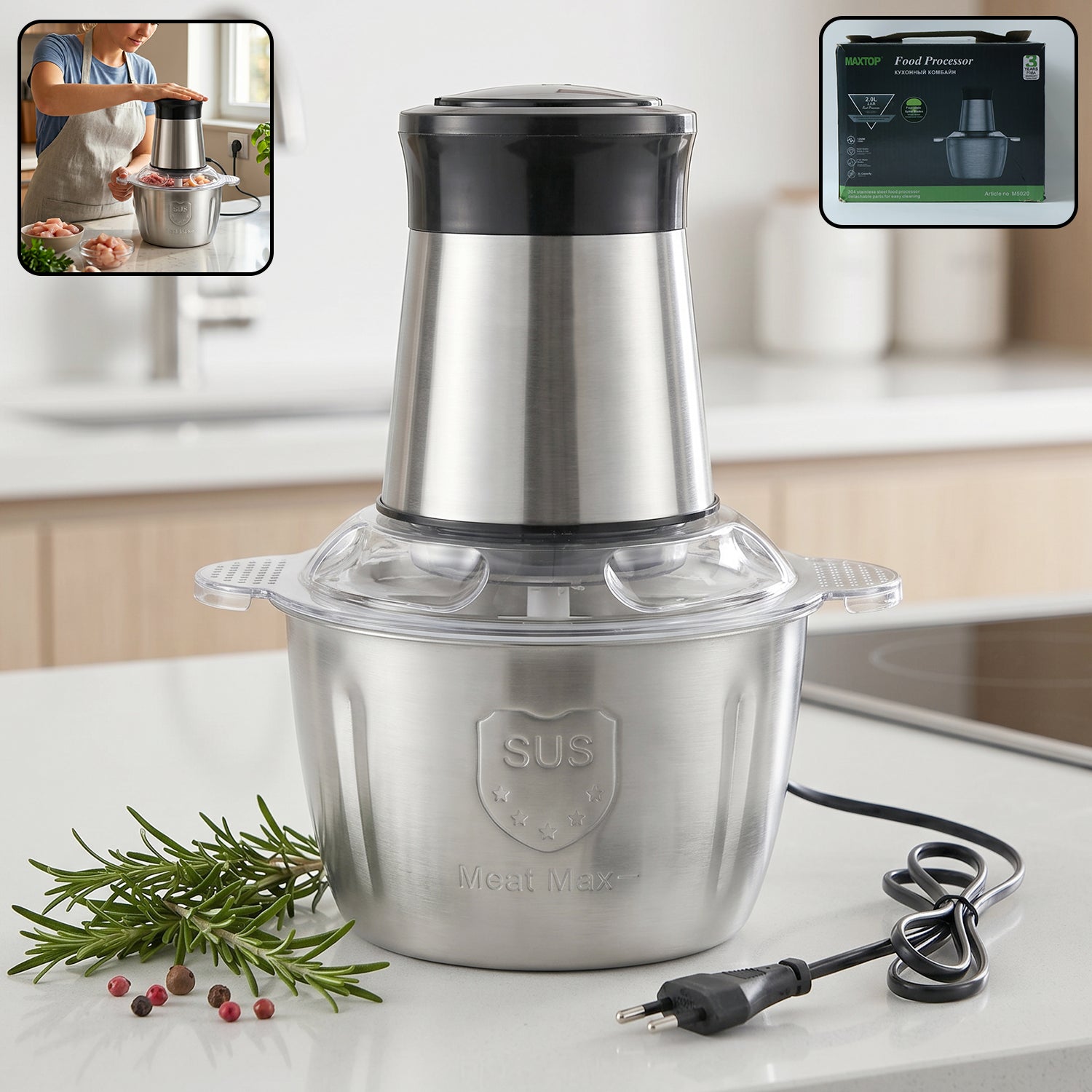 2 litre stainless steel food processor with sharp blades and compact design