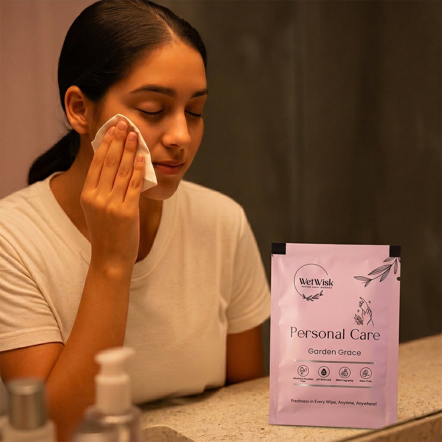 Travel-size personal care wet wipe for freshening up