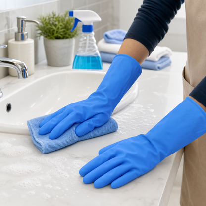 Household cleaning gloves in blue for various tasks
