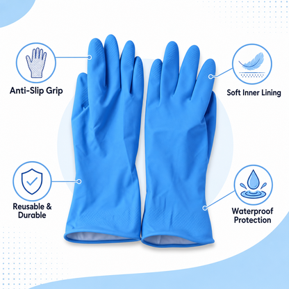 Medium-sized reusable blue rubber cleaning gloves