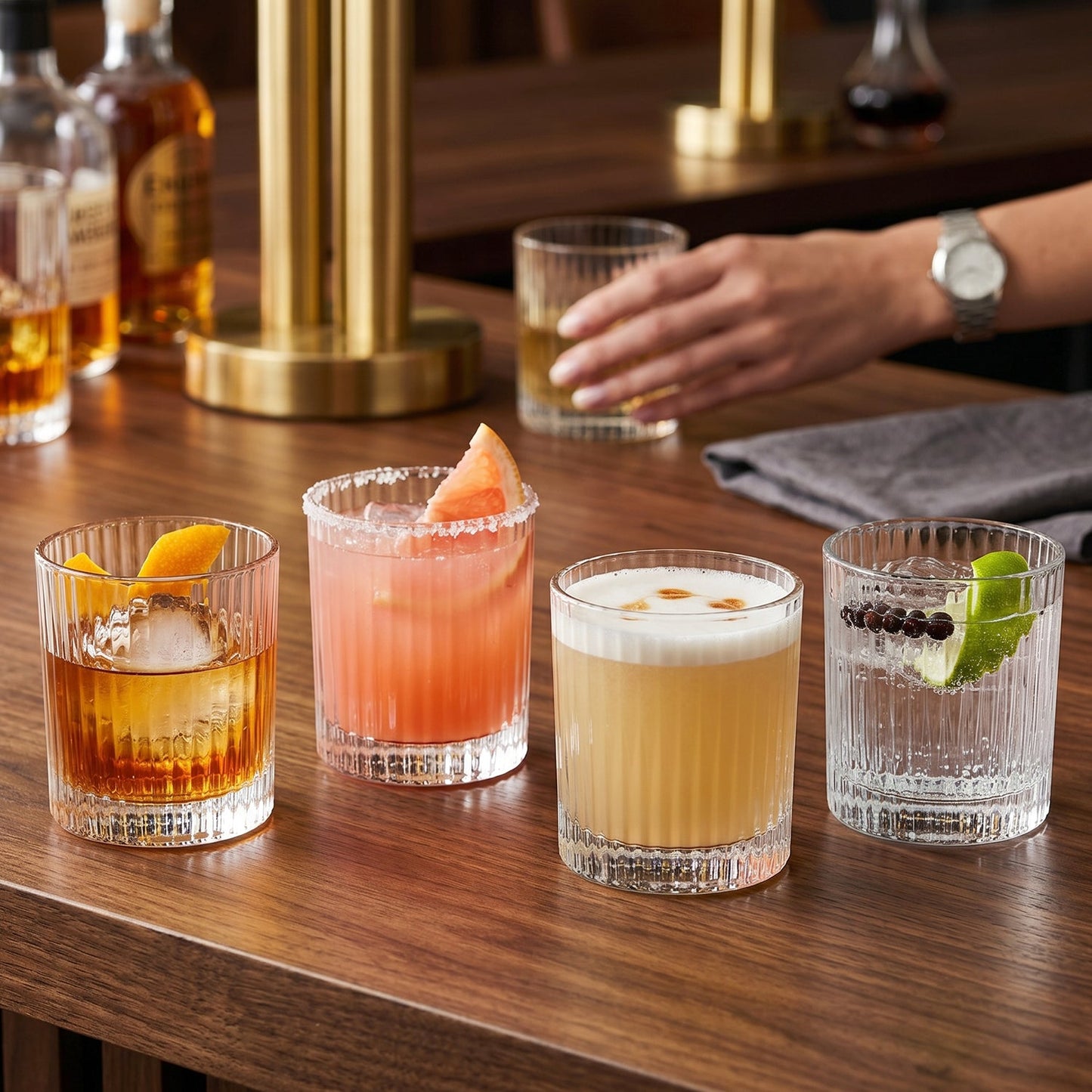 Crystal tumbler set with ribbed design and sturdy base