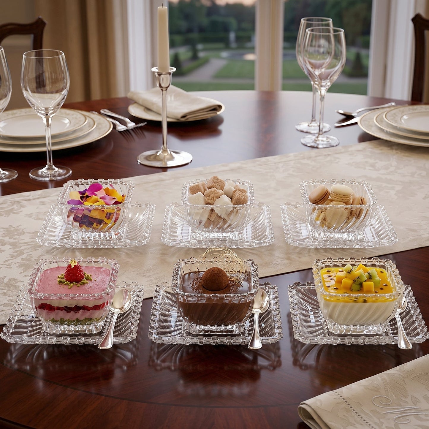 Matching dessert plates and bowls in textured transparent glass