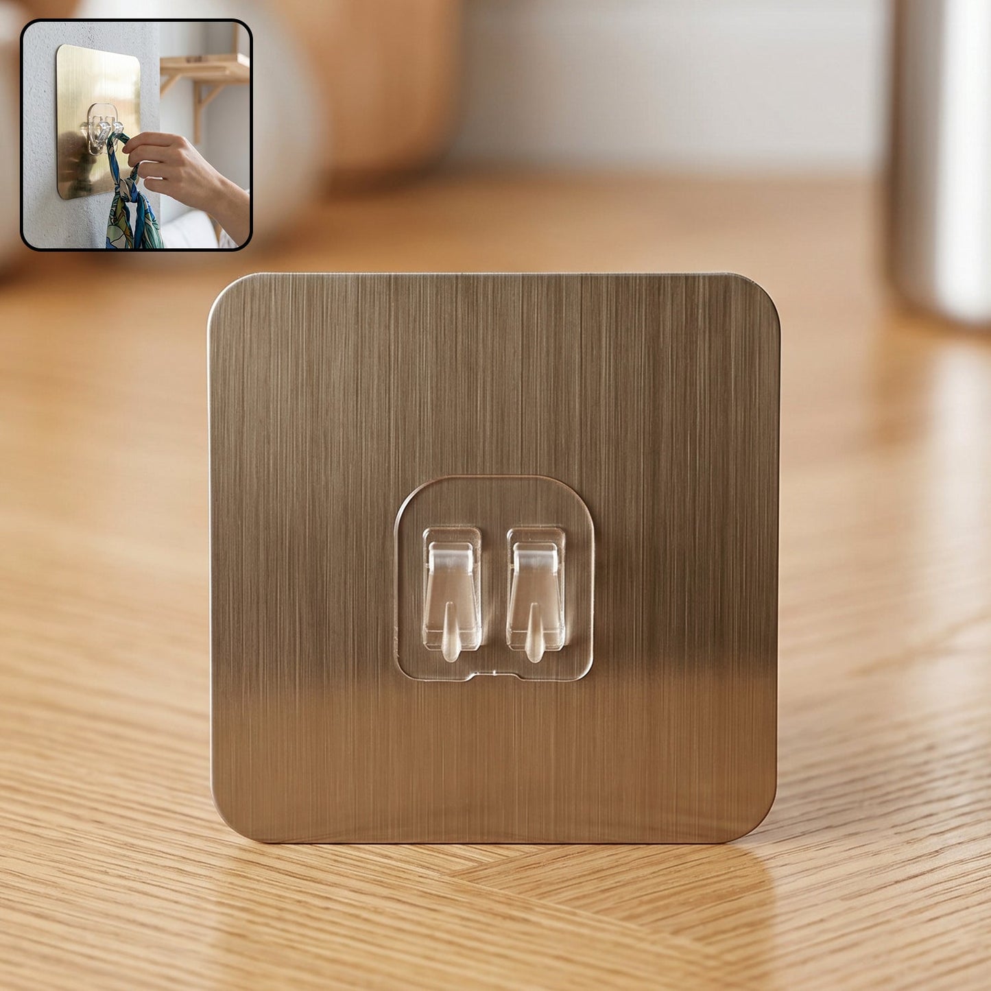 Self adhesive plastic wall hook with dual prongs in metallic finish