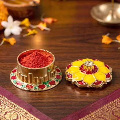Kumkum box enhancing pooja thali decor in traditional style