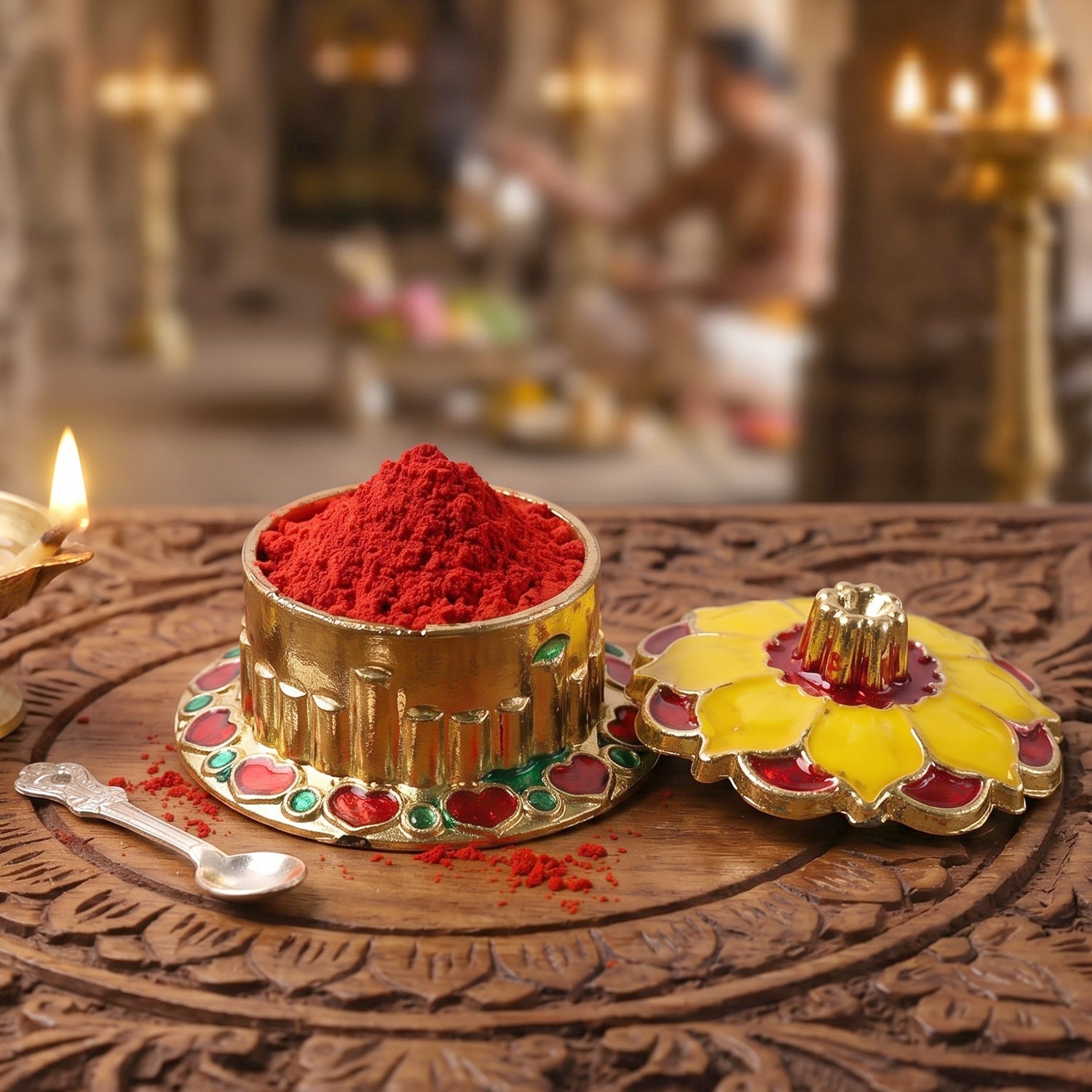 Elegant golden kumkum box, ideal for temple and home worship