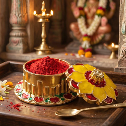 Close-up of ornate kumkum box design for divine rituals