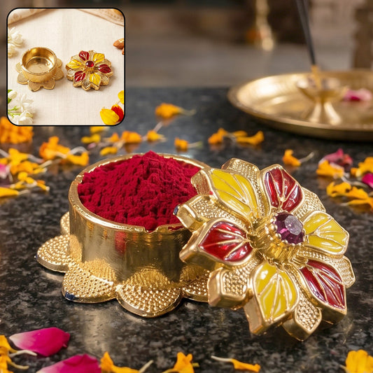 Elegant golden kumkum box for religious pooja ceremonies