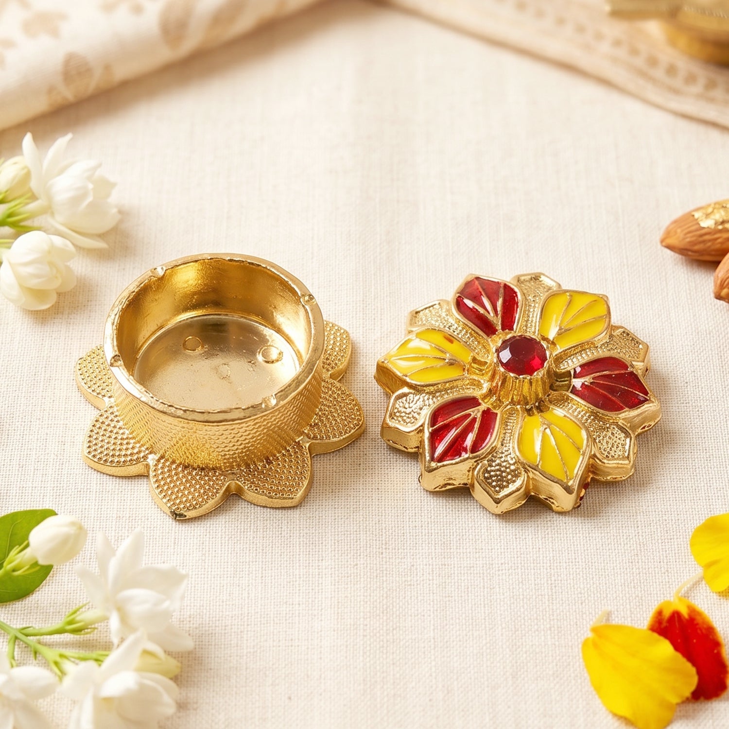Decorative golden box for religious puja accessories
