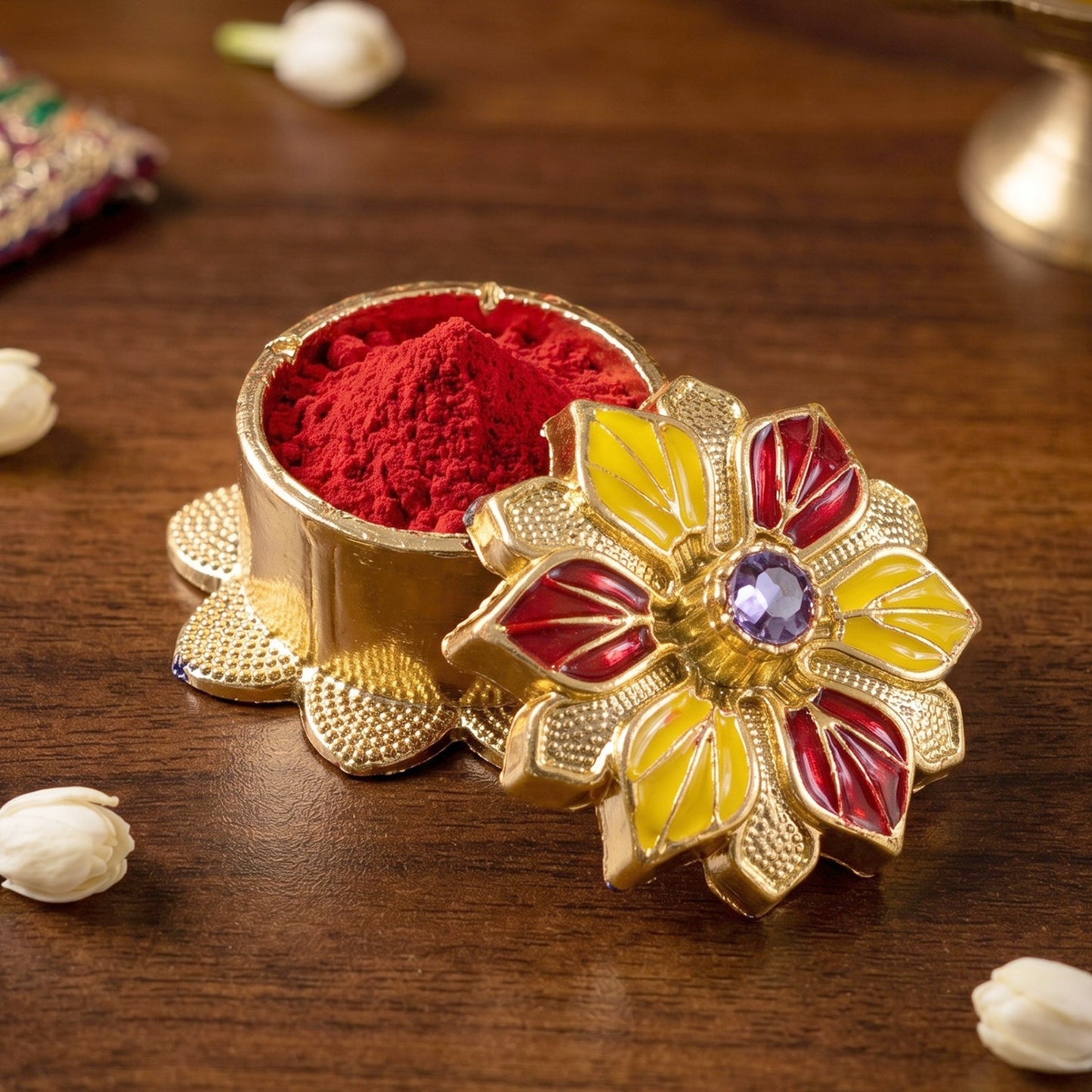 Decorative kumkum box ideal for temple and altar decor