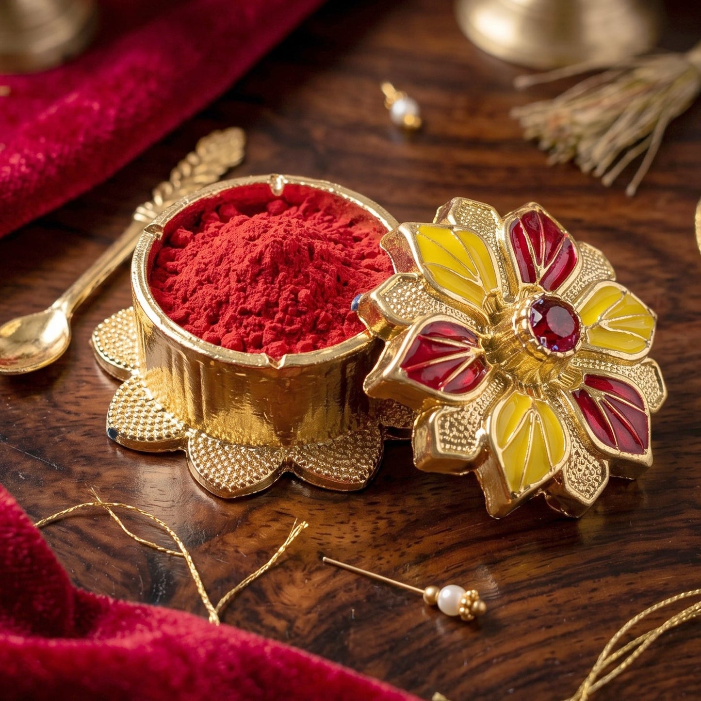 Close-up of ornate golden pooja kumkum box