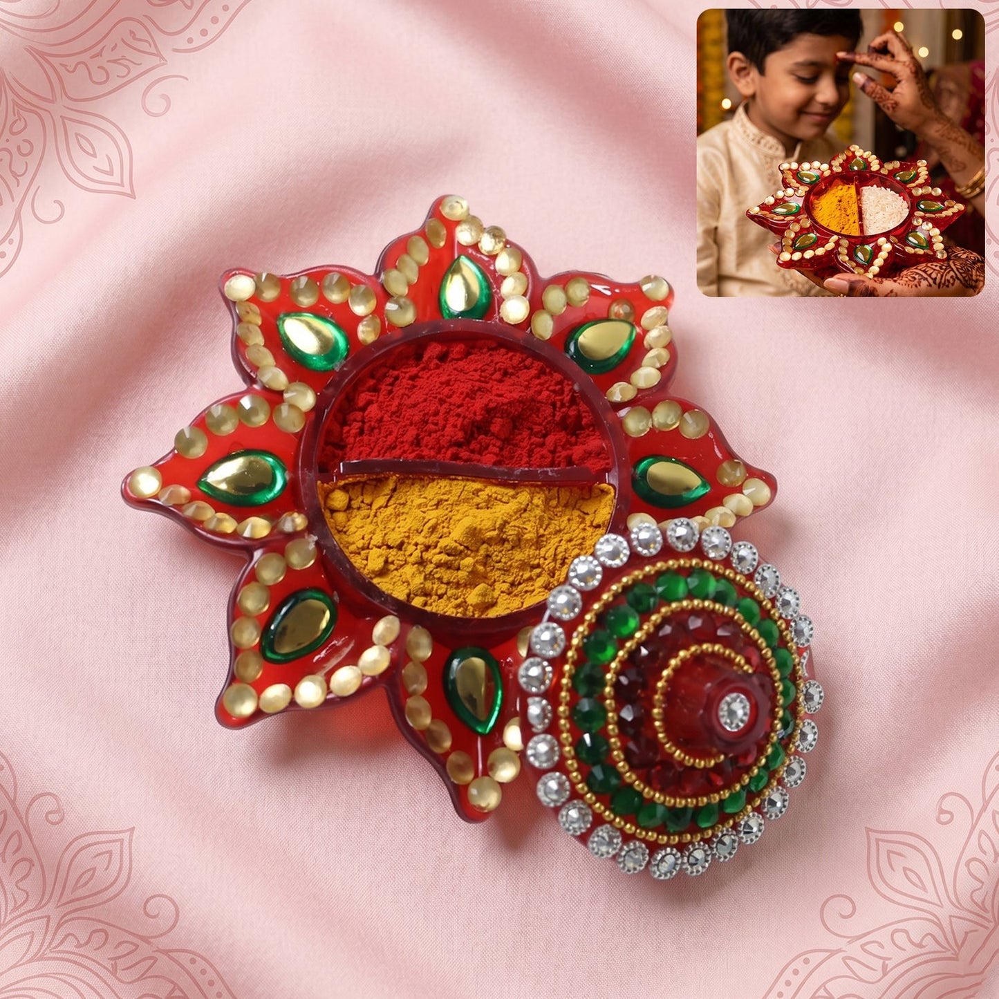 Front view of a handcrafted kumkum holder with traditional design.