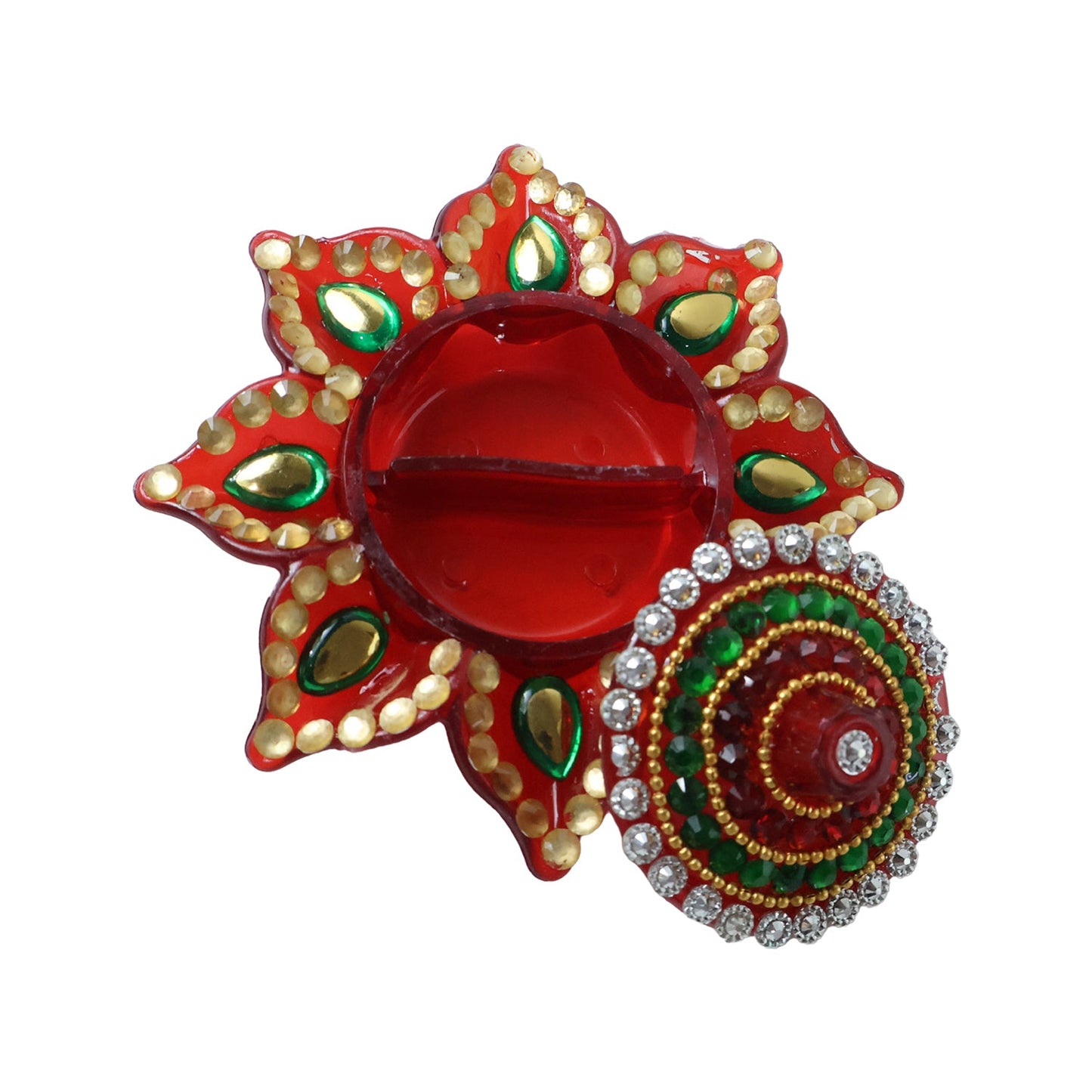 Traditional pooja box featuring a decorative lid for haldi and kumkum.